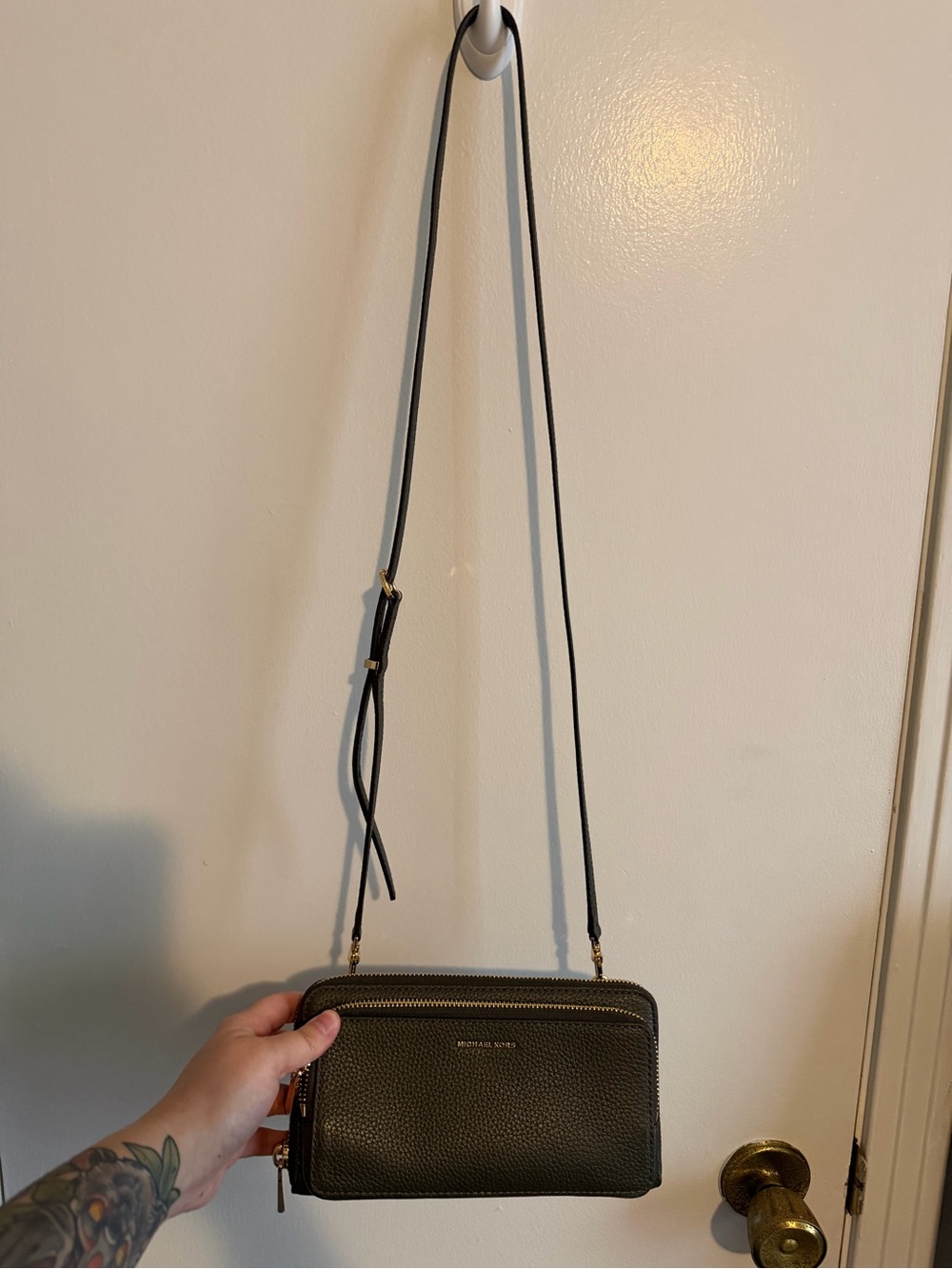 Michael Kors Olive Pebbled Leather Crossbody Wallet with Gold Hardware